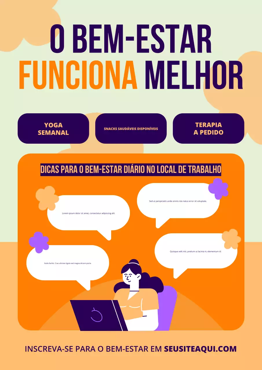 Pôster com dicas do programa de bem-estar no local de trabalho moderno e plano em laranja