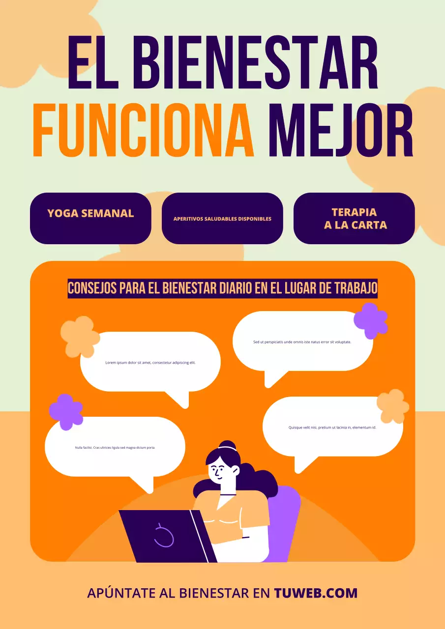 Póster con consejos para un programa de bienestar laboral moderno y plano en naranja