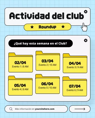 Publicación de Instagram de eventos semanales del Club UI UX retro azul y amarillo