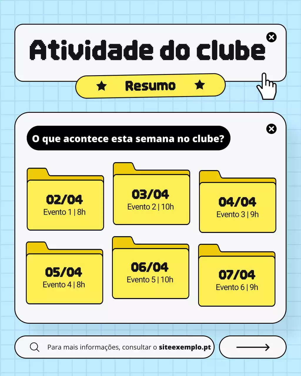 Postagem do Instagram sobre eventos semanais do Clube de UI UX Retro Azul e Amarelo