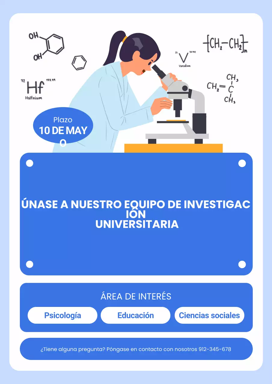 Póster ilustrativo de reclutamiento para estudio de investigación en azul y blanco