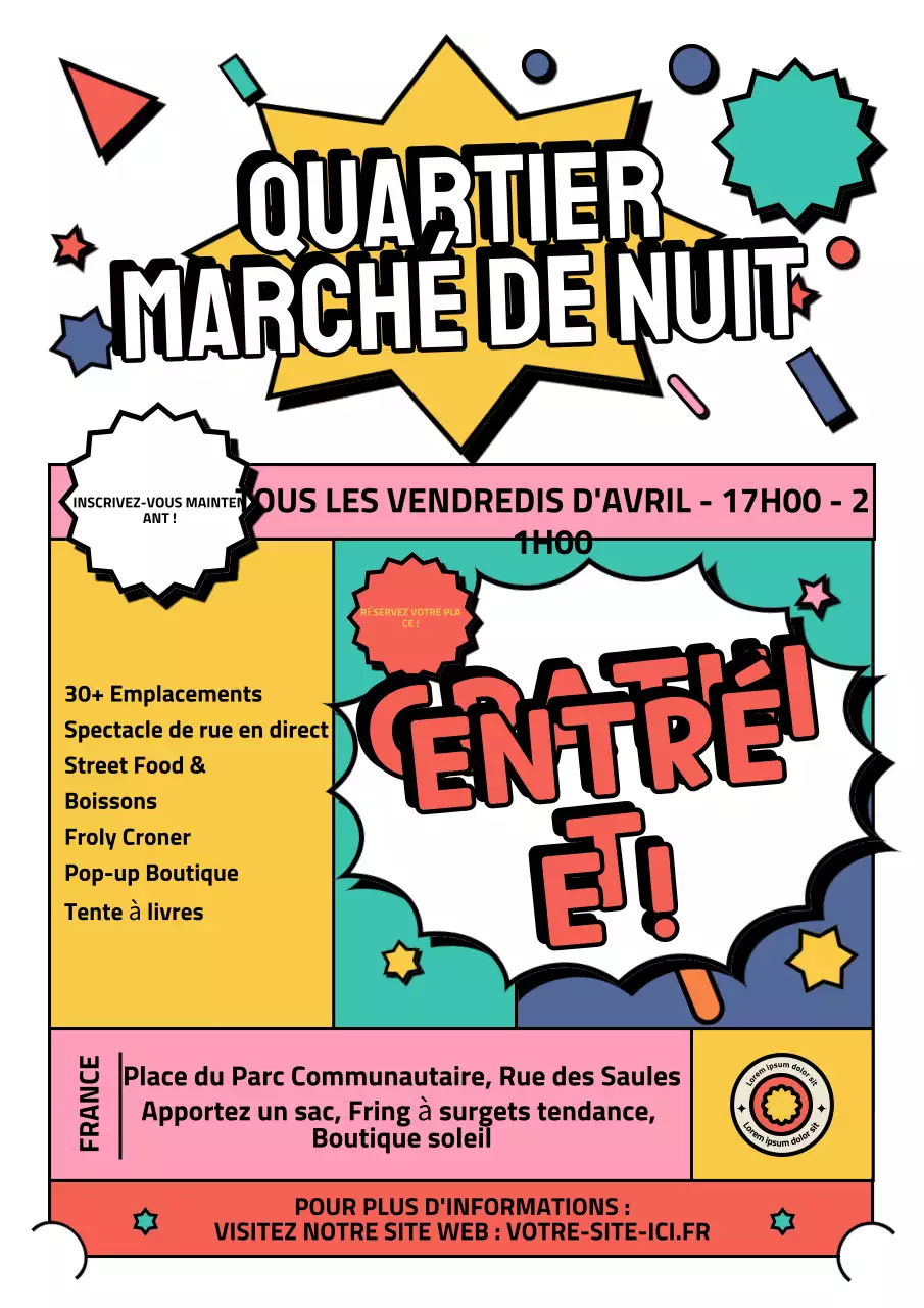 Affiche colorée et rétro d'annonce du marché nocturne
