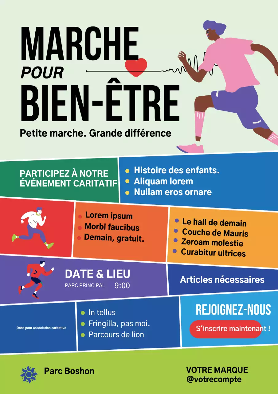 Affiche colorée et moderne annonçant un événement caritatif