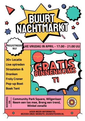 Kleurrijke retro-aankondigingsposter voor de nachtmarkt