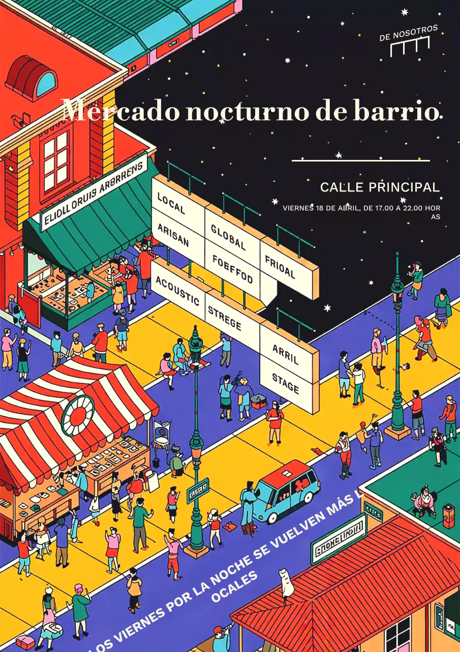 Cartel colorido del evento del mercado nocturno retro