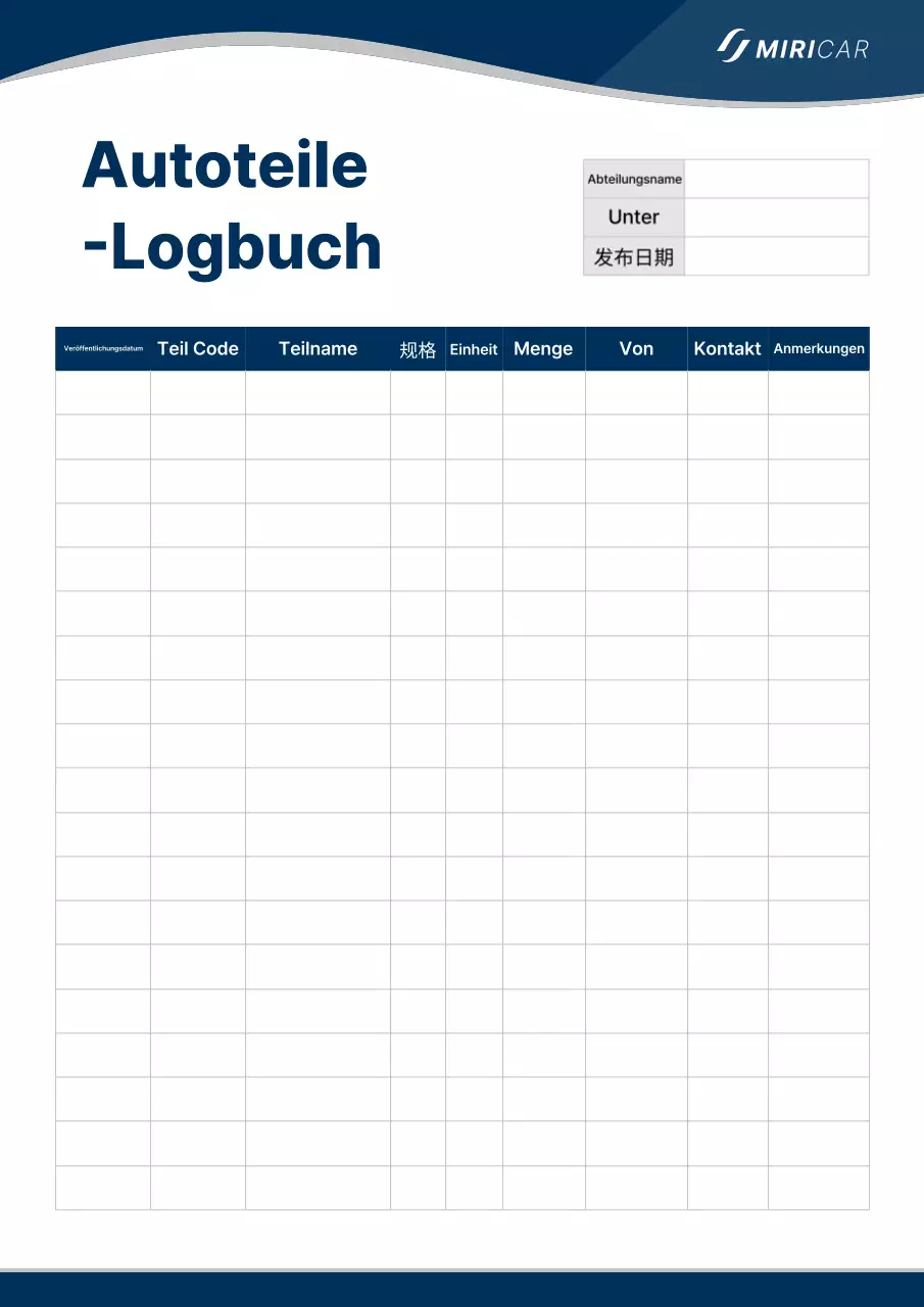 Minimalistische Bestandsinformationen zu Autoteilen in Blau und Grau
