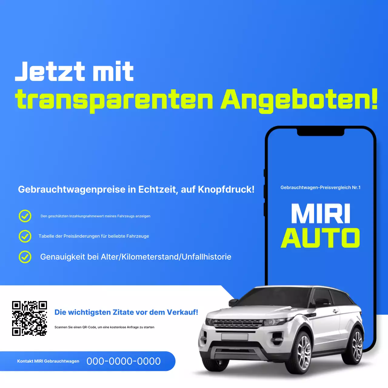 Blaue moderne Gebrauchtwagenanzeige