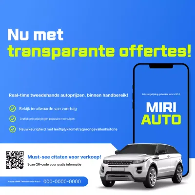 Blauwe moderne tweedehands auto advertentie