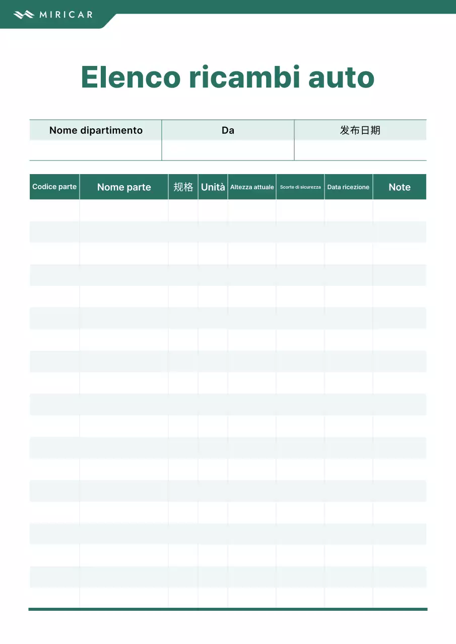 Informazioni sull'inventario dei ricambi auto minimalisti Green and Mint
