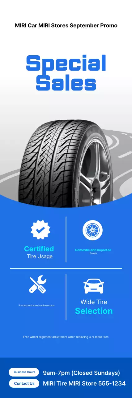Promoção de evento de venda especial para pneus azuis e brancos simples