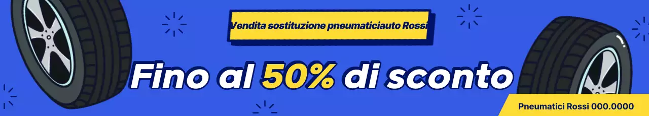 Pubblicità di un evento di vendita di pneumatici sostitutivi in ​​stile pop art blu e giallo
