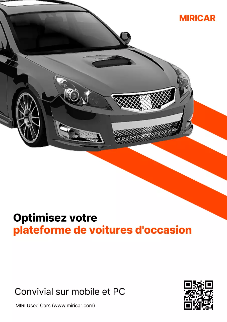 Promotion d'une plateforme de voitures d'occasion simple, blanche et orange