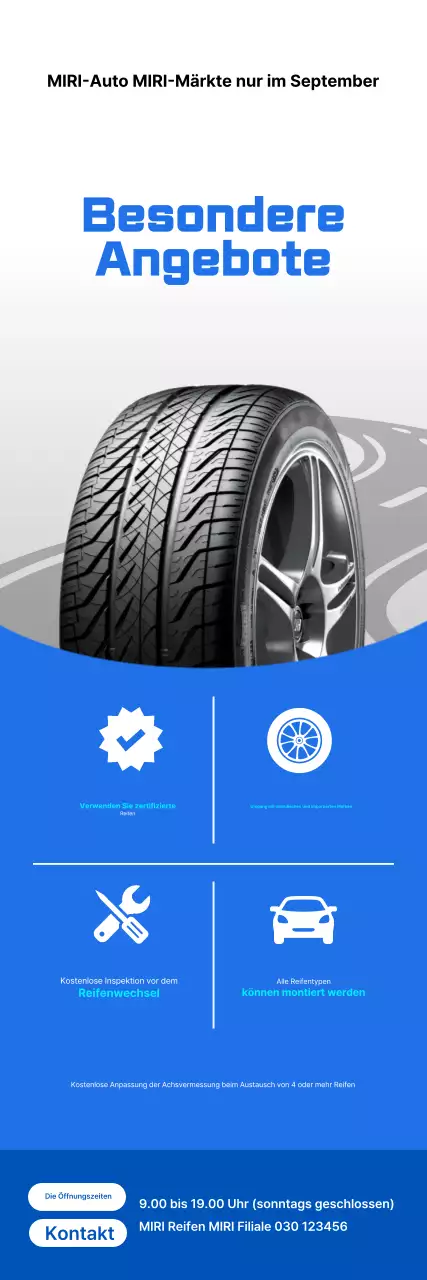 Werbung für eine Sonderverkaufsaktion für einfache blau-weiße Reifen