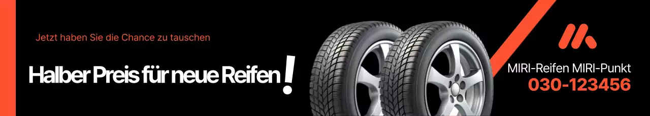 Einfache schwarz-orangefarbene Werbung für eine Veranstaltung mit Reifenrabatt zum halben Preis