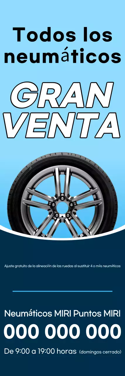 Anuncio de venta de neumáticos limpios en azul marino y azul marino