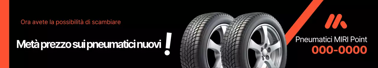 Pubblicità semplice per un evento con sconto di metà prezzo su pneumatici neri e arancioni