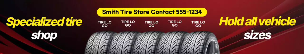 Promoção de uma nova loja de montagem de pneus de luxo em vermelho e amarelo