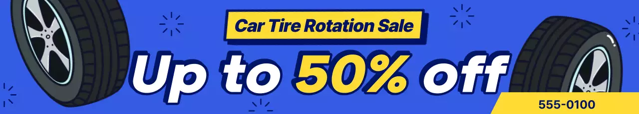 Anúncio de evento de venda de pneus de reposição em estilo pop art azul e amarelo