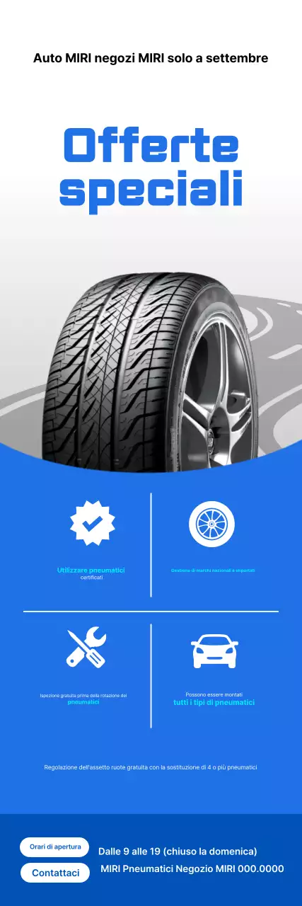 Promozione di un evento di vendita speciale per pneumatici semplici blu e bianchi