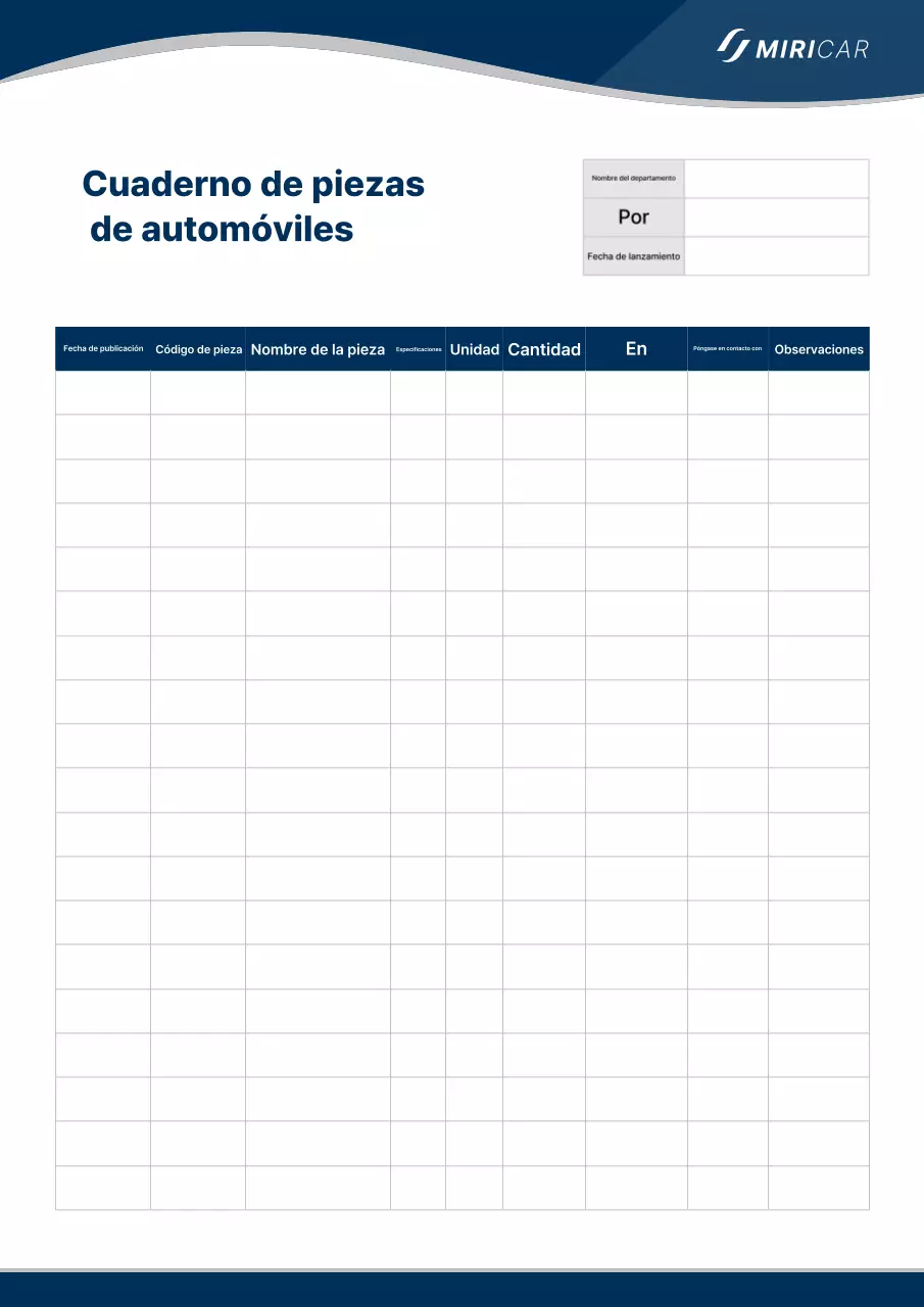 Información minimalista del inventario de autopartes en azul y gris