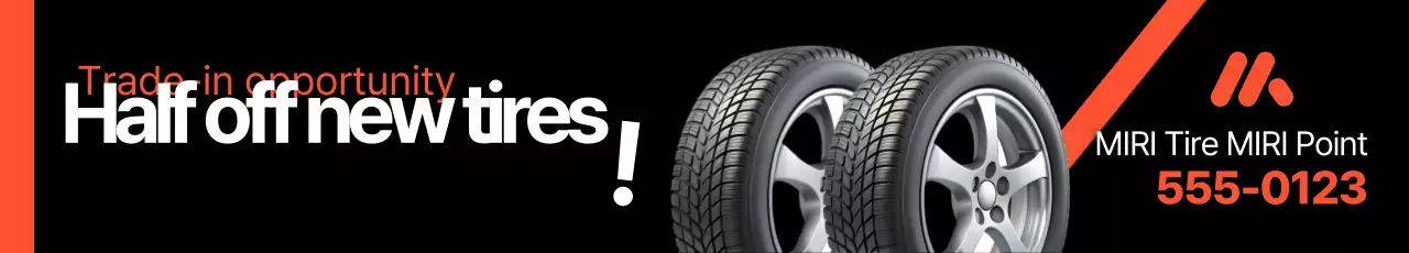 Anúncio simples de evento com desconto de metade do preço em pneus pretos e laranja