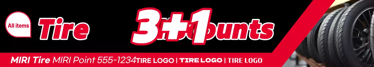 Anúncio de evento com desconto em pneus destacados em vermelho e preto