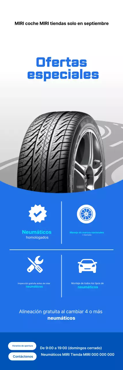 Promoción de evento especial de venta de llantas sencillas azules y blancas