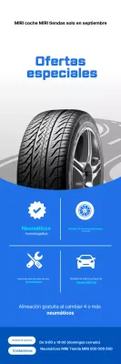 Promoción de evento especial de venta de llantas sencillas azules y blancas