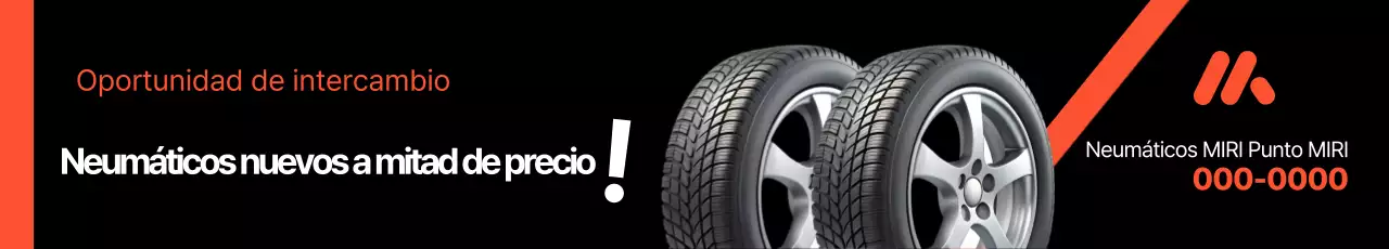 Anuncio de evento con descuento de mitad de precio en neumáticos negros y naranjas