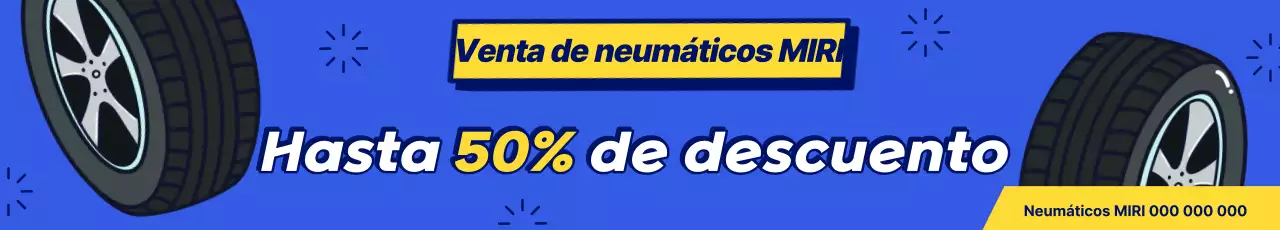 Anuncio de evento de venta de reemplazo de neumáticos en estilo pop art azul y amarillo.