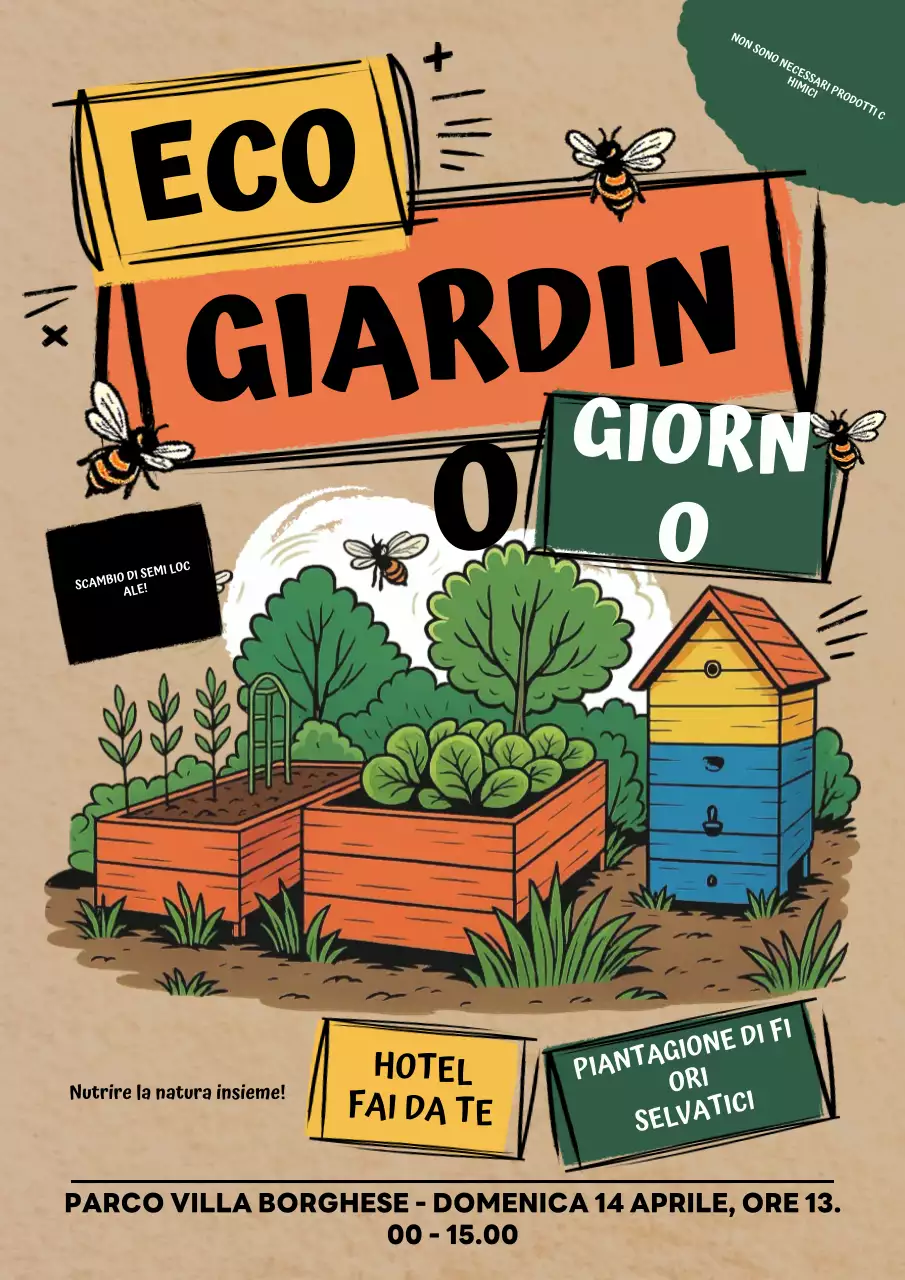 Manifesto colorato per l'evento "Giardino rustico"