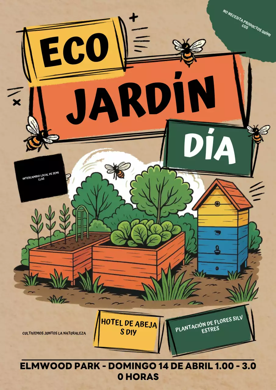 Cartel colorido para evento en jardín rústico