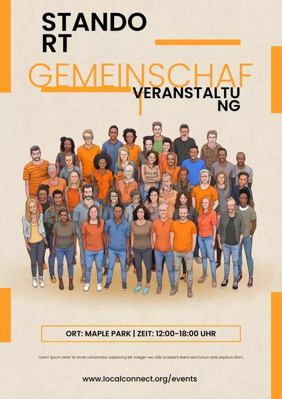 Orangefarbenes Plakat zur örtlichen Gemeinschaftsveranstaltung