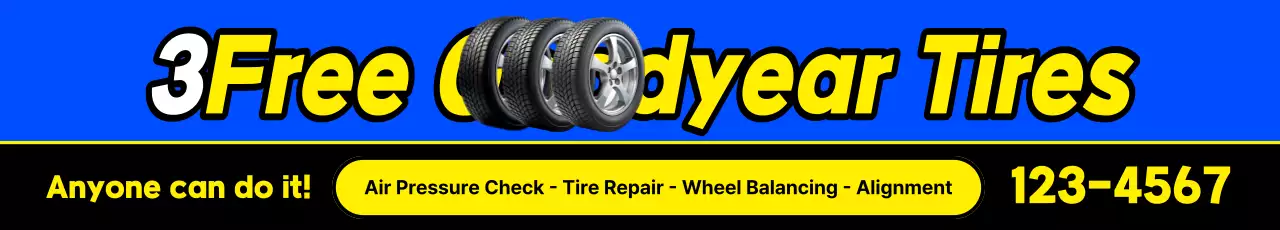 Promoção gratuita de 3 tipos de pneus destacados em azul e amarelo