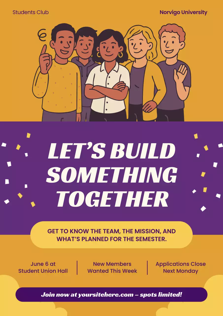 Purple and Yellow Illustrated University Student Club Recruitment Poster
