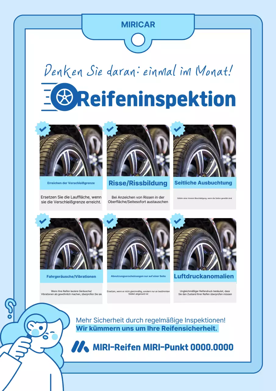 Eine Checkliste zur Inspektion sauberer Reifen, erklärt in Himmelblau und Blau
