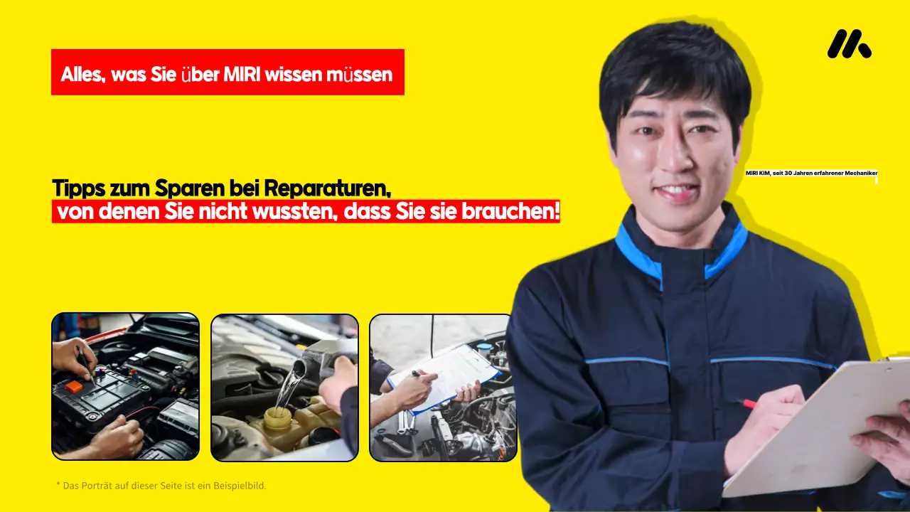 Werbung für Kostenspartipps für Autoreparaturen von einem Mechaniker, hervorgehoben in Gelb und Rot