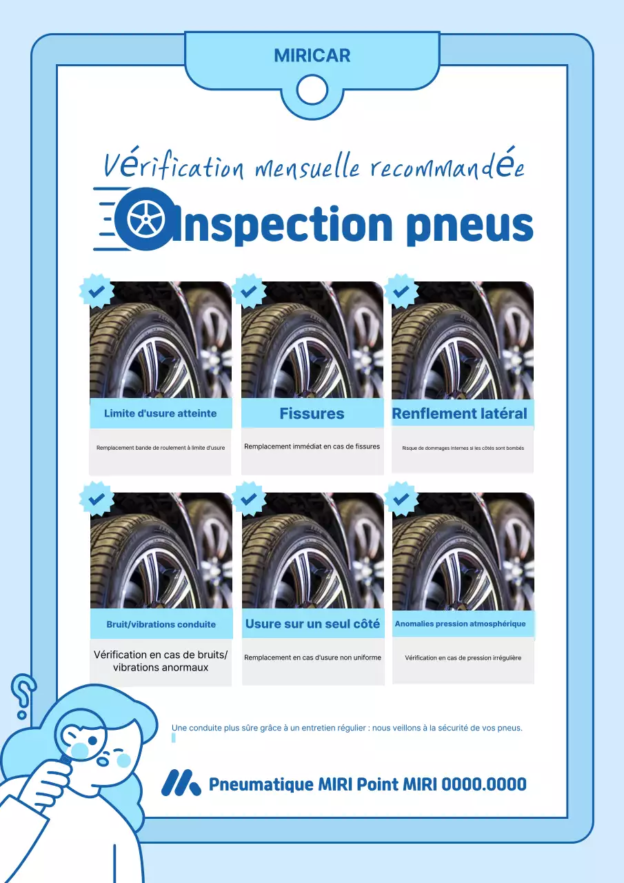 Une liste de contrôle d'inspection des pneus propres expliquée en bleu ciel et bleu