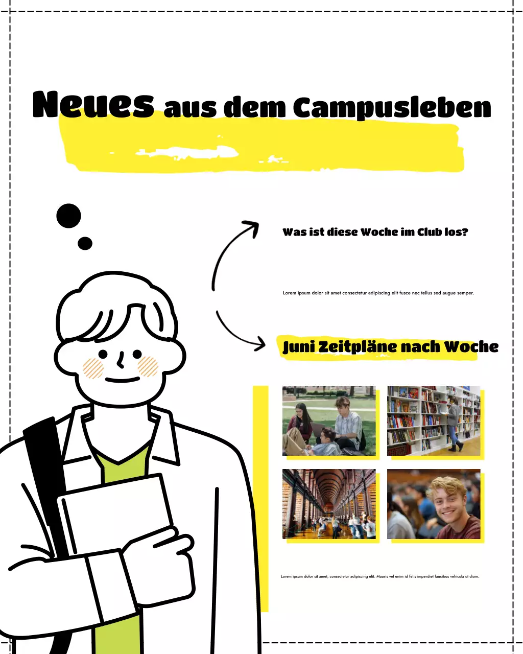 Gelbes Poster mit wöchentlichen Veranstaltungen der modernen Gesellschaft