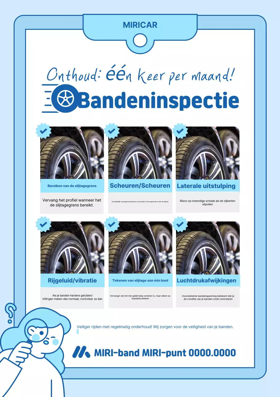Een checklist voor het inspecteren van schone banden, uitgelegd in hemelsblauw en blauw