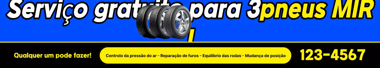 Promoção gratuita de 3 tipos de pneus destacados em azul e amarelo