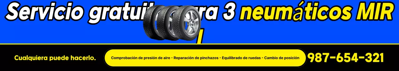 Promoción gratuita de 3 tipos de neumáticos resaltados en azul y amarillo
