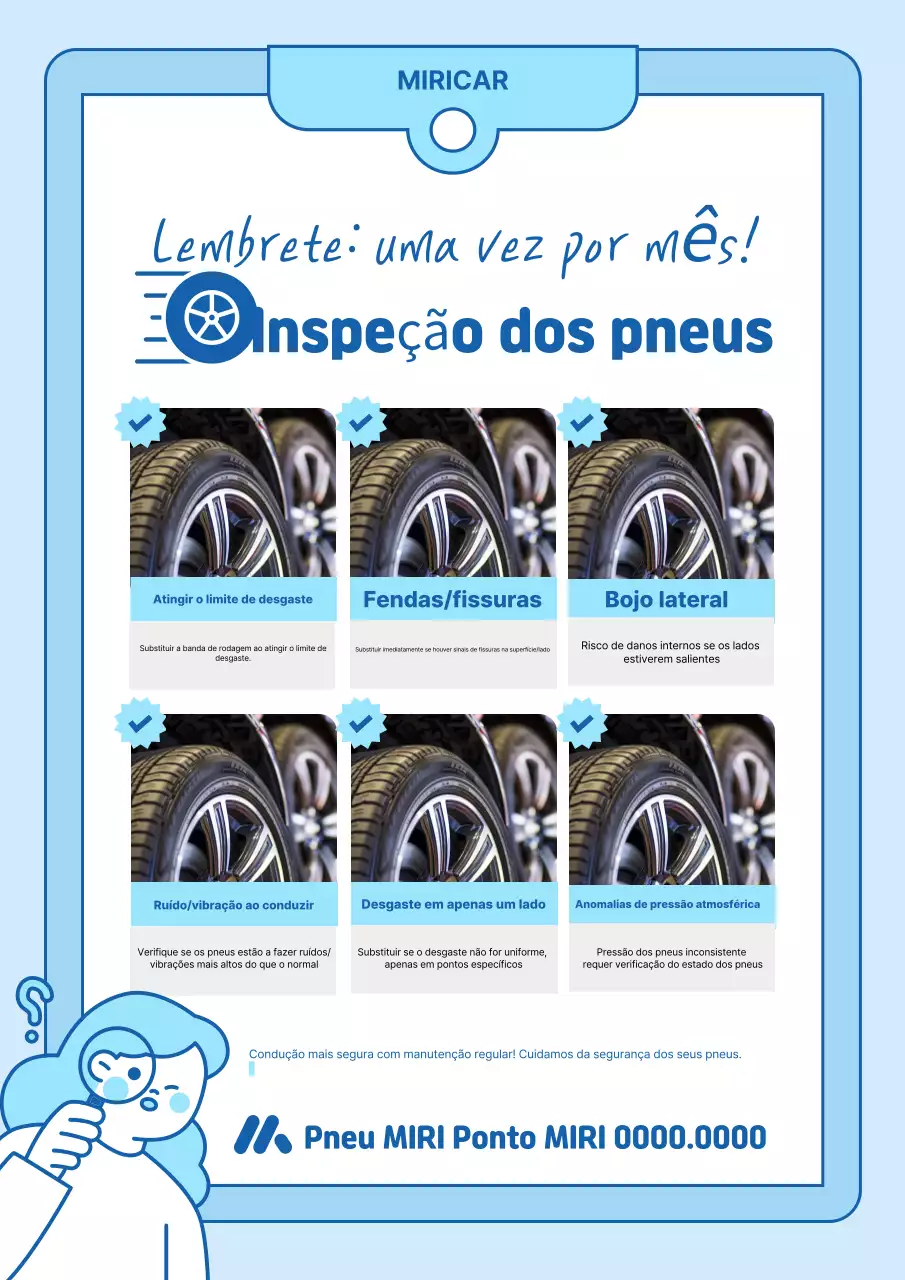 Uma lista de verificação de inspeção de pneus limpos explicada em azul celeste e azul