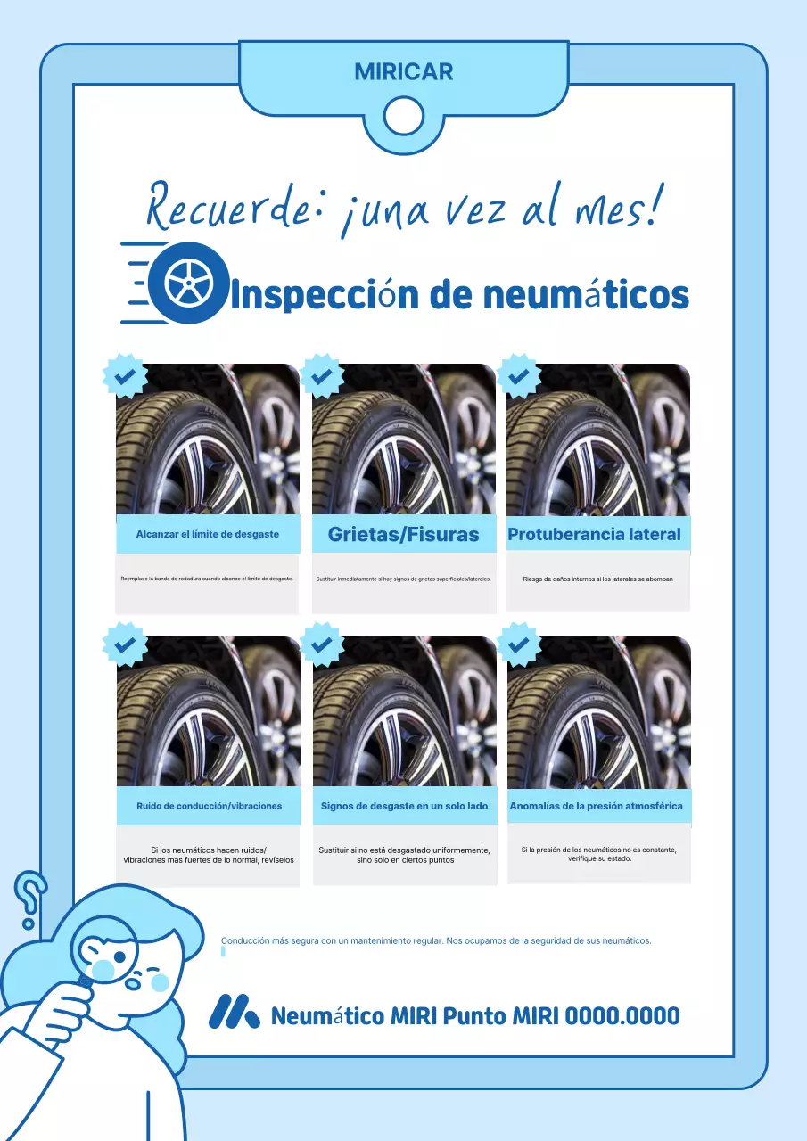 Lista de verificación para la inspección de neumáticos limpios explicada en azul cielo y azul