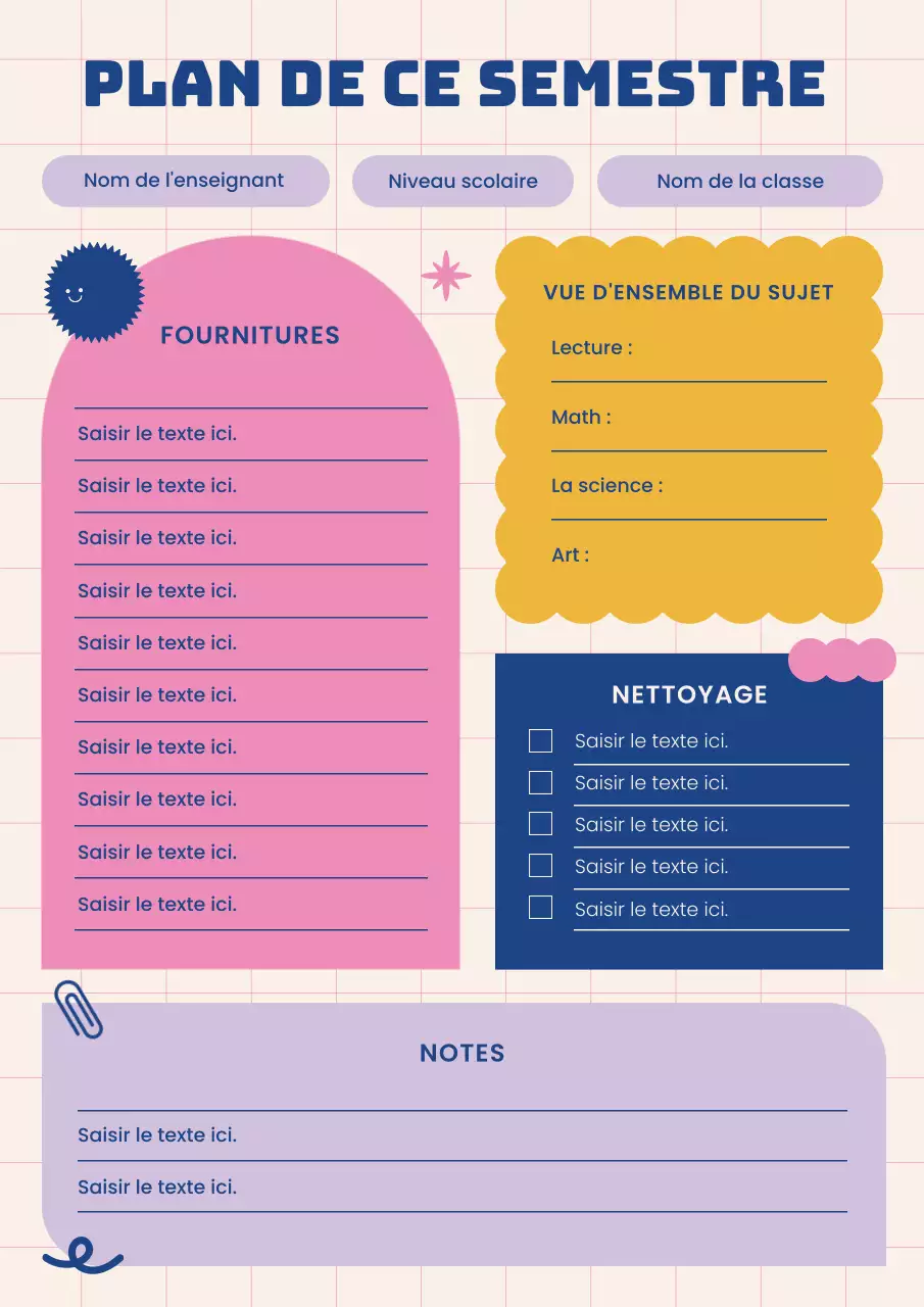 Programme du semestre de cours rose violet bleu