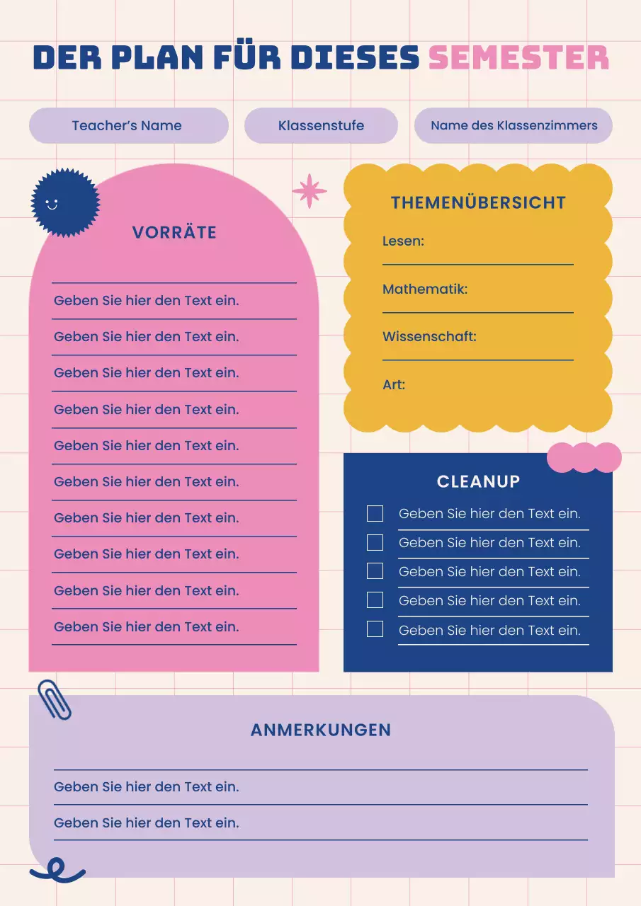 Rosa Lila Blau Unterrichtsplan Semesterplan