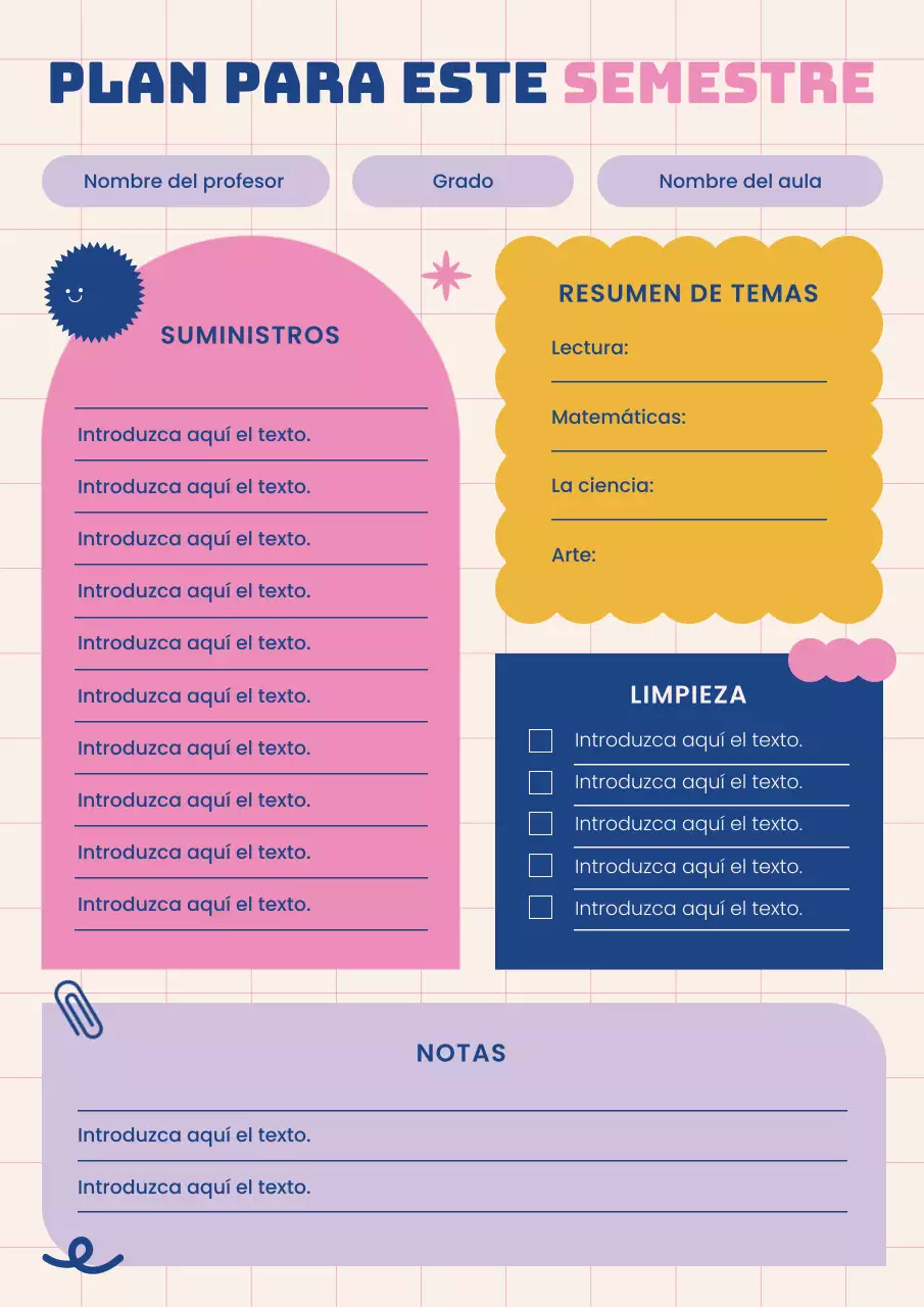 Plan de estudios de la clase rosa, morado y azul del semestre