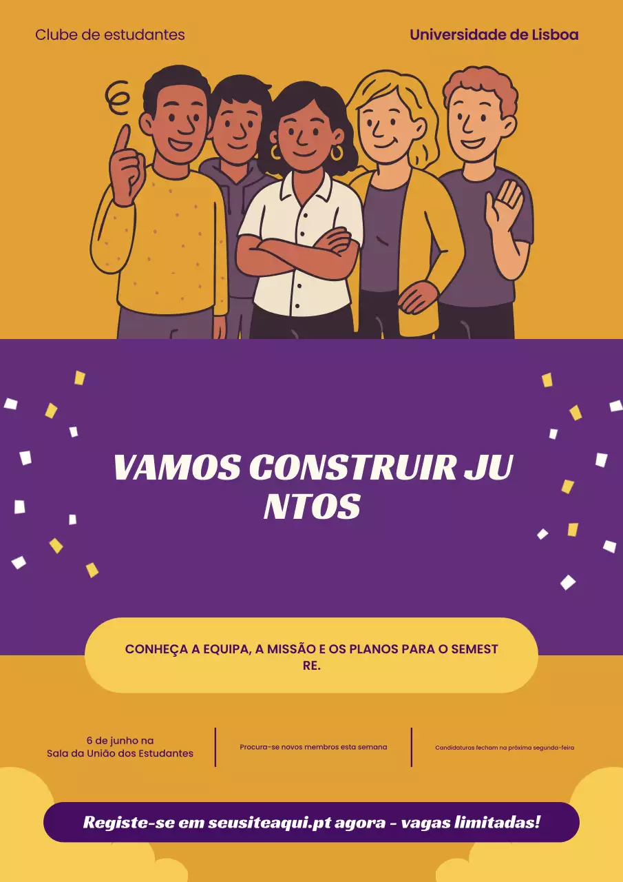 Cartaz ilustrado verde e azul para recrutamento de clube de estudantes universitários