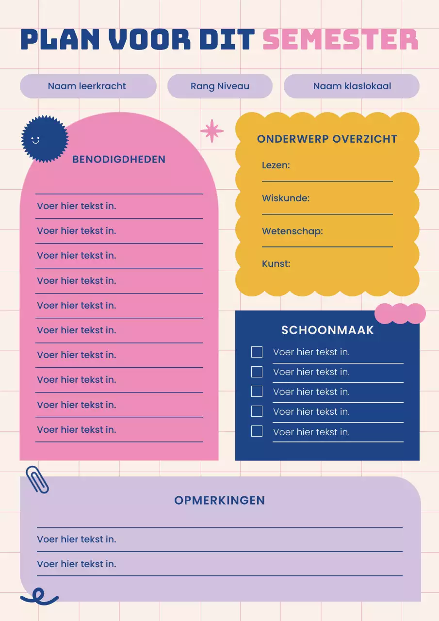 Roze Paars Blauw Klas Syllabus Semesterplan