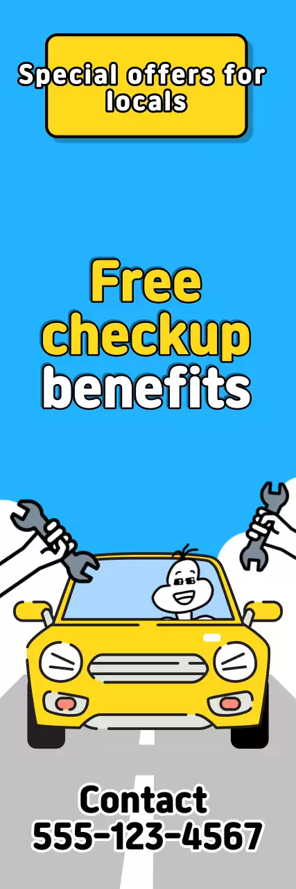 Anúncio de arte pop azul-celeste e amarelo oferecendo benefícios de inspeção gratuita de carros para moradores locais